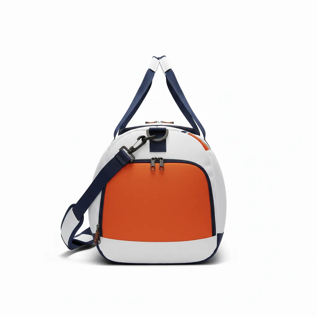 Custom Basketball Team Duffle Bag - White, Burnt, Orange... - Angular Panel - Side View - Kinexa Sportswear