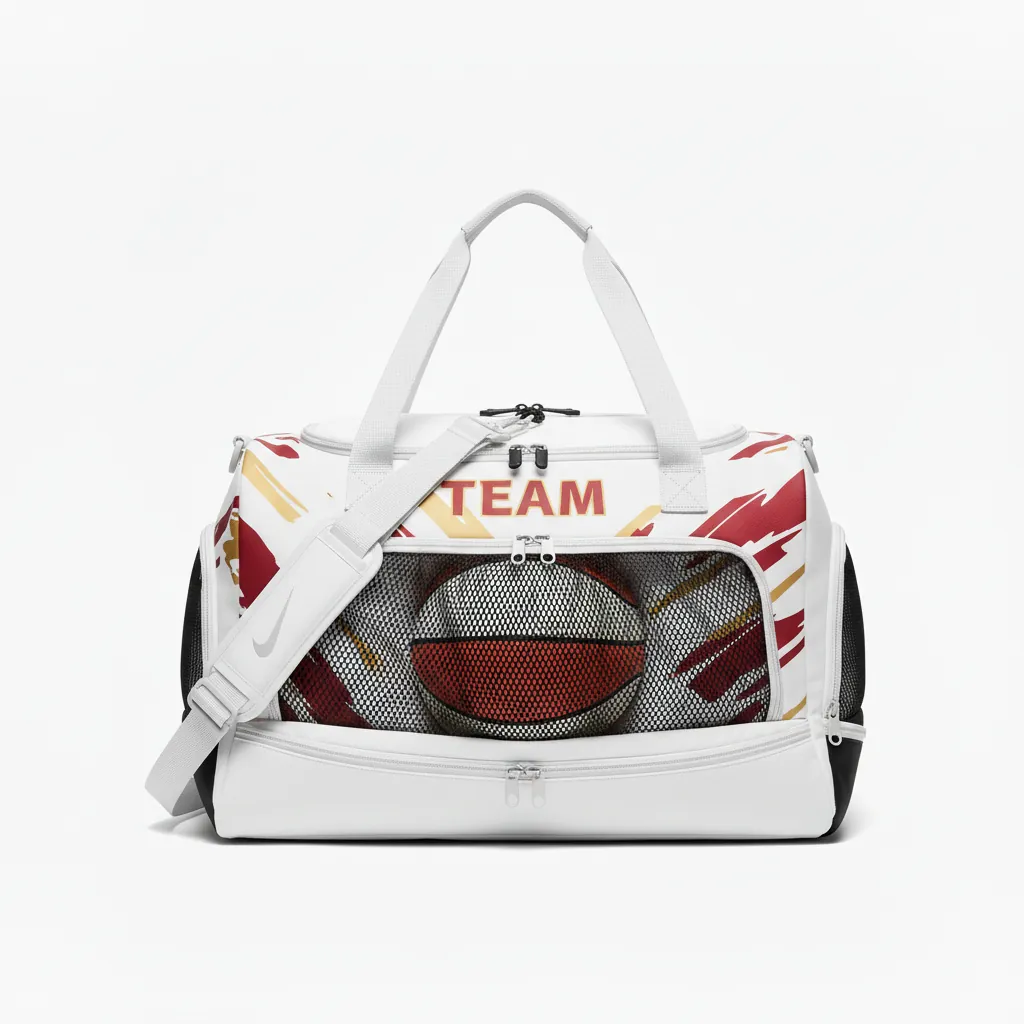 Custom Basketball Team Duffle Bag - White, Red, Gold - Cardinal Wave Pattern - Front View - Kinexa Sportswear