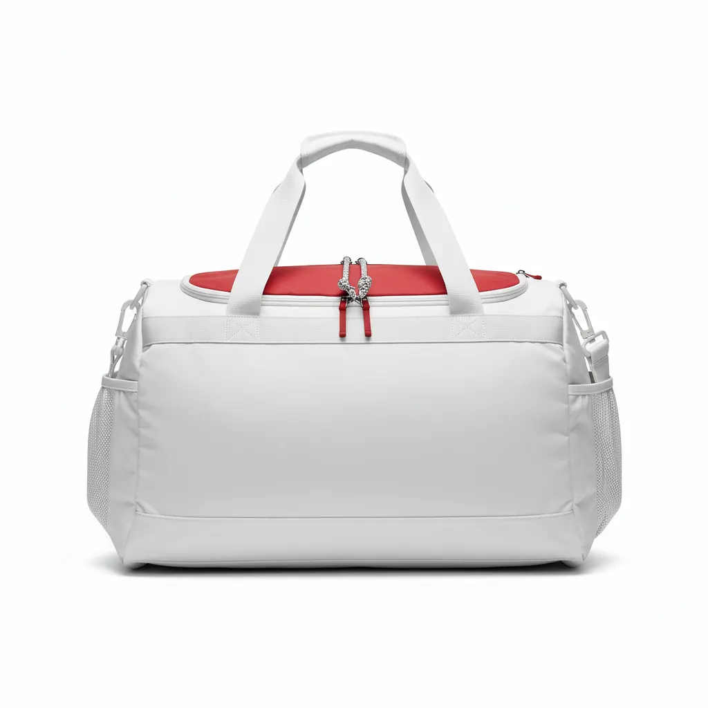 Custom Basketball Team Duffle Bag - White, Red, White - Cardinal Panel - Back View - Kinexa Sportswear