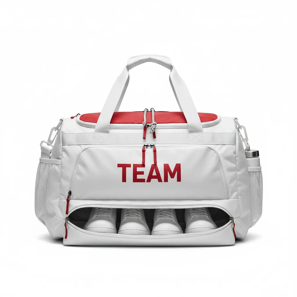 Custom Basketball Team Duffle Bag - White, Red, White - Cardinal Panel - Front View - Kinexa Sportswear