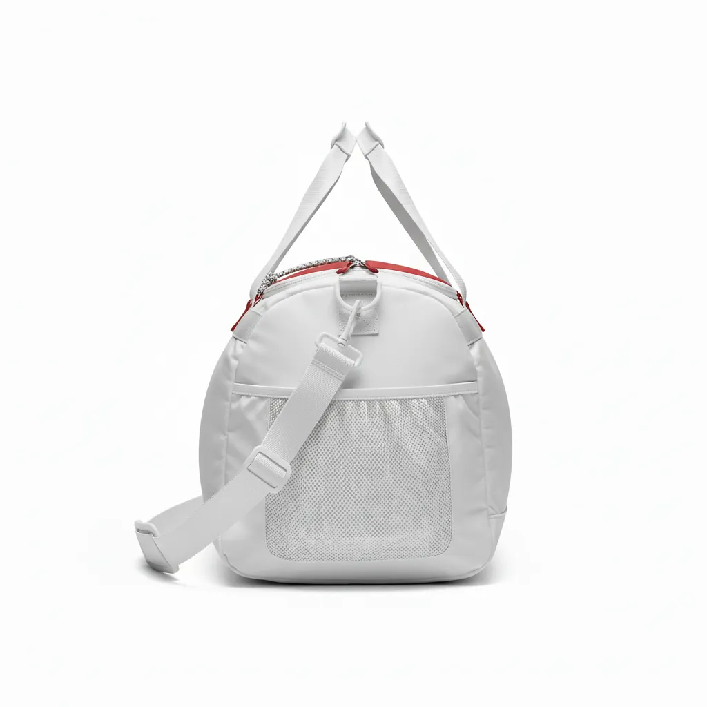 Custom Basketball Team Duffle Bag - White, Red, White - Cardinal Panel - Side View - Kinexa Sportswear