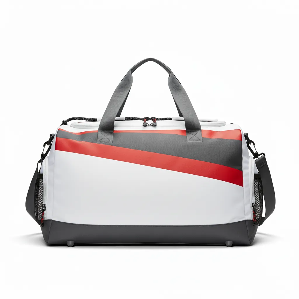 Custom Basketball Team Duffle Bag - White, Red - Charcoal Asymmetric Panel - Back View - Kinexa Sportswear