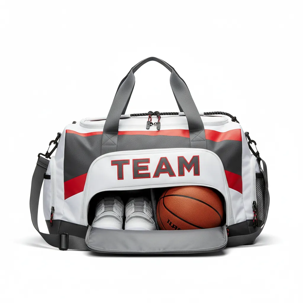 Custom Basketball Team Duffle Bag - White, Red - Charcoal Asymmetric Panel - Front View - Kinexa Sportswear