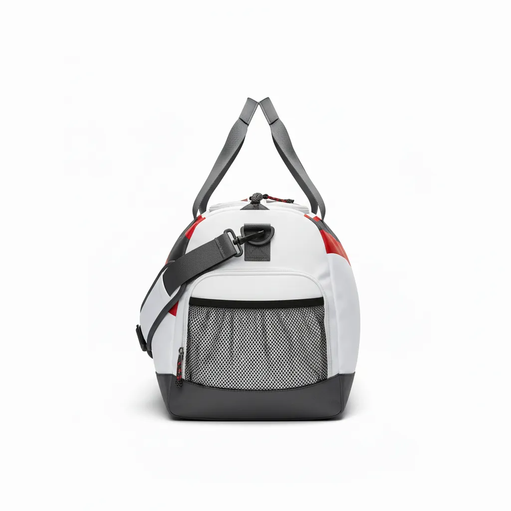 Custom Basketball Team Duffle Bag - White, Red - Charcoal Asymmetric Panel - Side View - Kinexa Sportswear