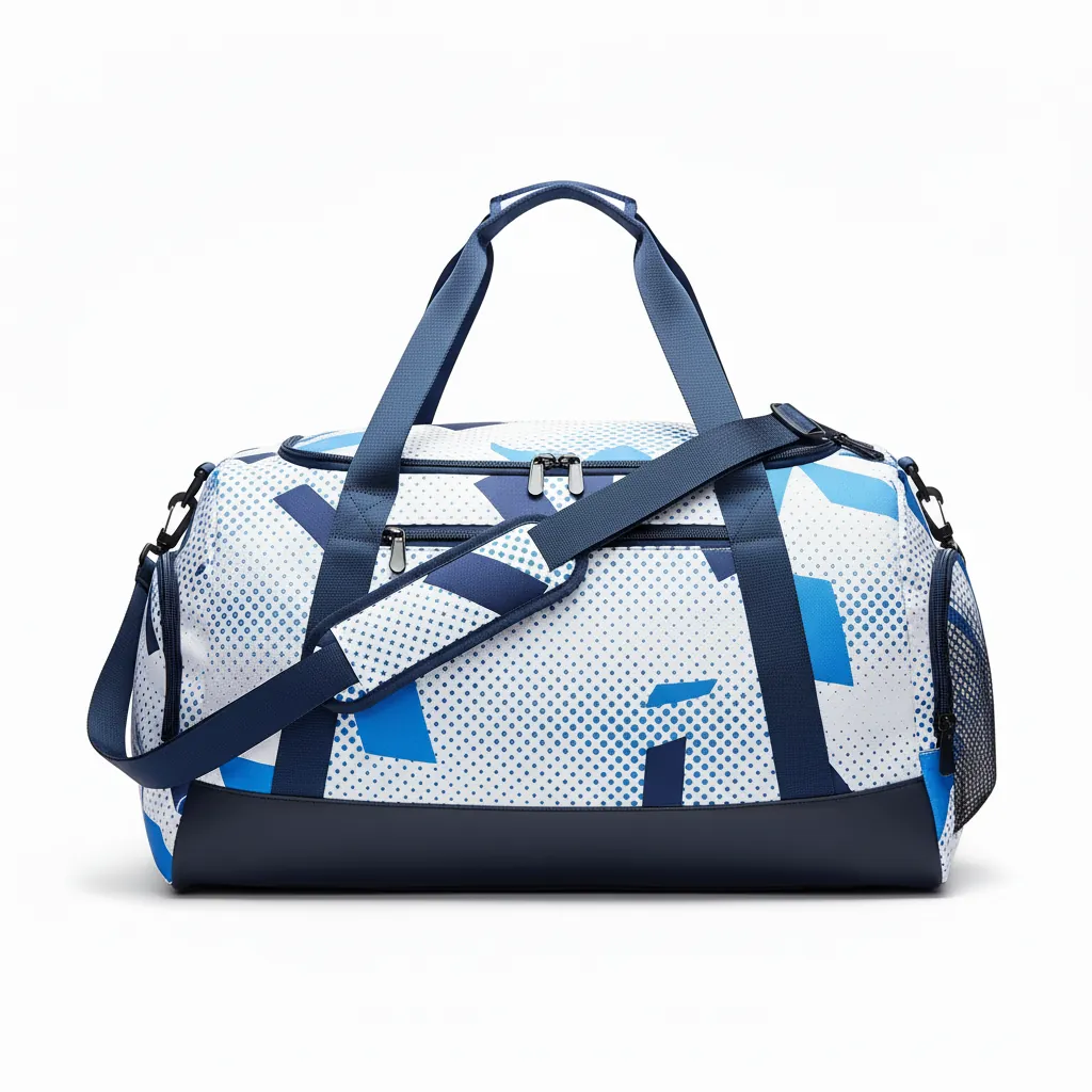 Custom Basketball Team Duffle Bag - White, Blue, Navy - Columbia Halftone - Side View - Kinexa Sportswear