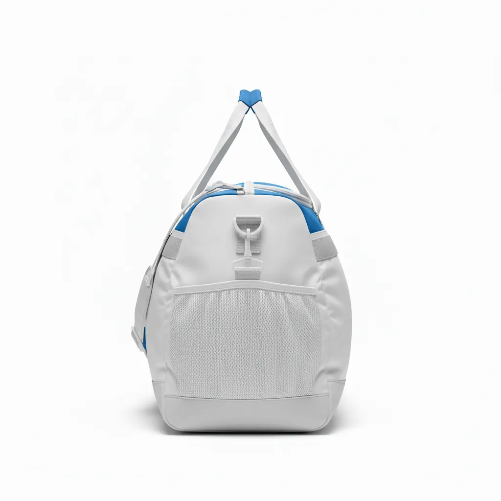 Custom Basketball Team Duffle Bag - White, Blue, White - Columbia Panel - Side View - Kinexa Sportswear