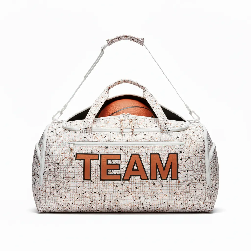 Custom Basketball Team Duffle Bag - White, Black - Copper Mesh Tech - Front View - Kinexa Sportswear