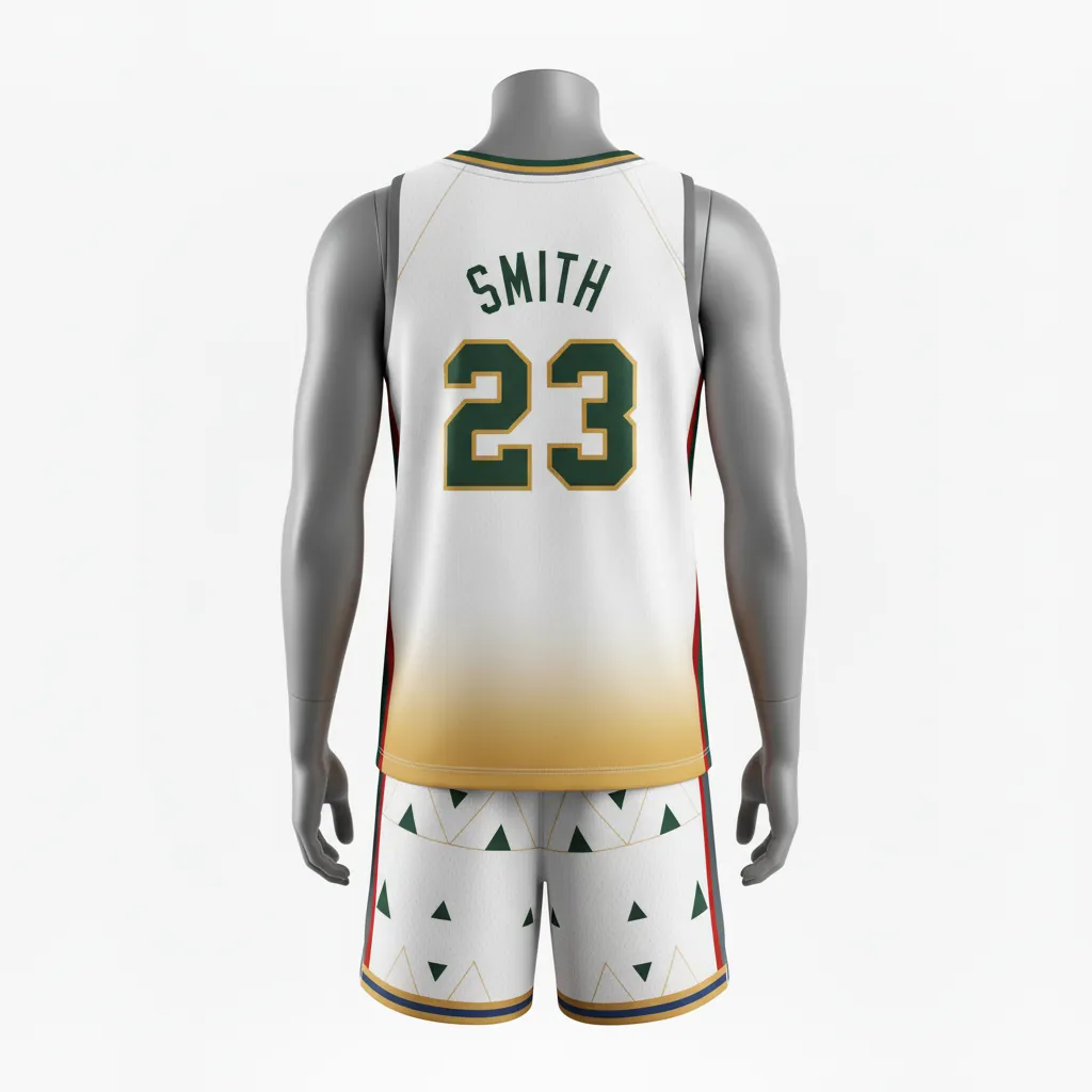 Custom Basketball V Neck Basketball Uniform - White, Black, Orange - Vneck Vertical Stripes - Back View - Kinexa Sportswear