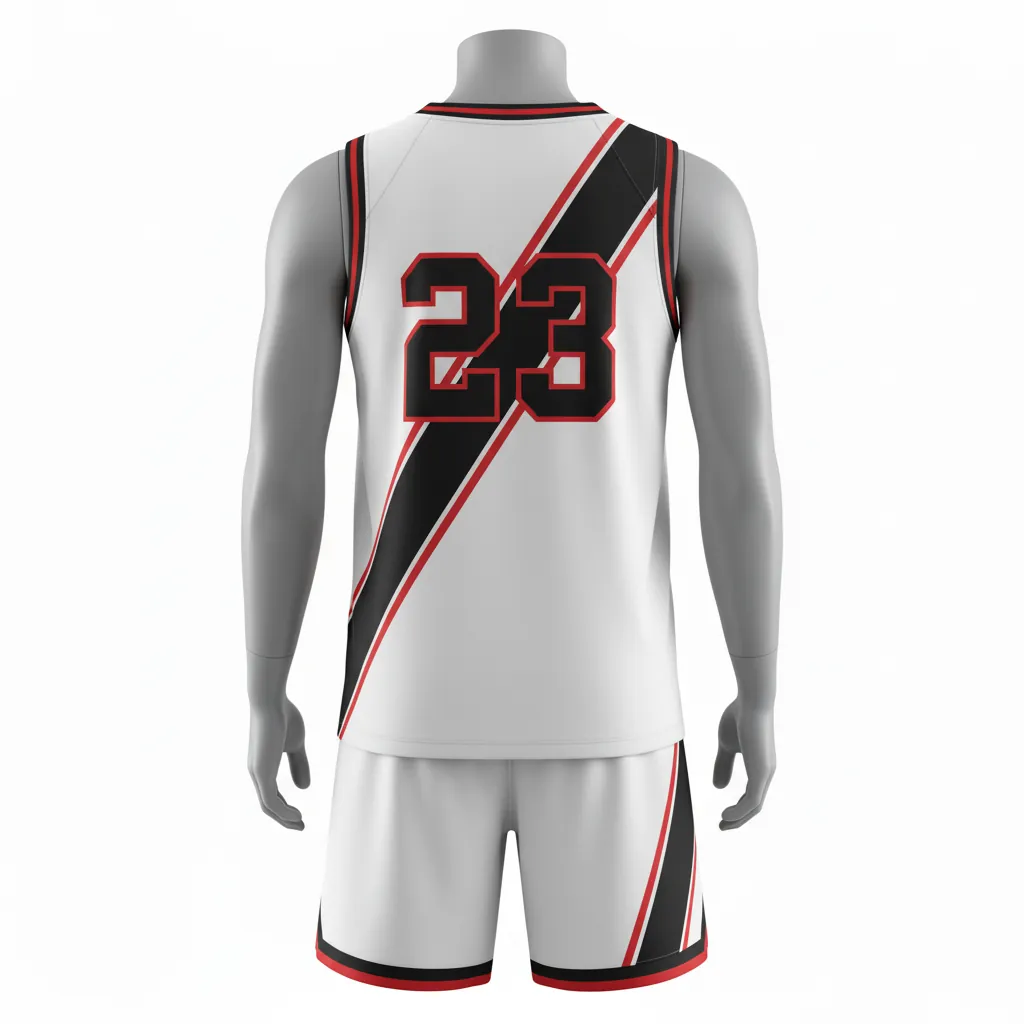 Custom Basketball V Neck Basketball Uniform - White, Black, Red - Vneck Diagonal Slash - Back View - Kinexa Sportswear