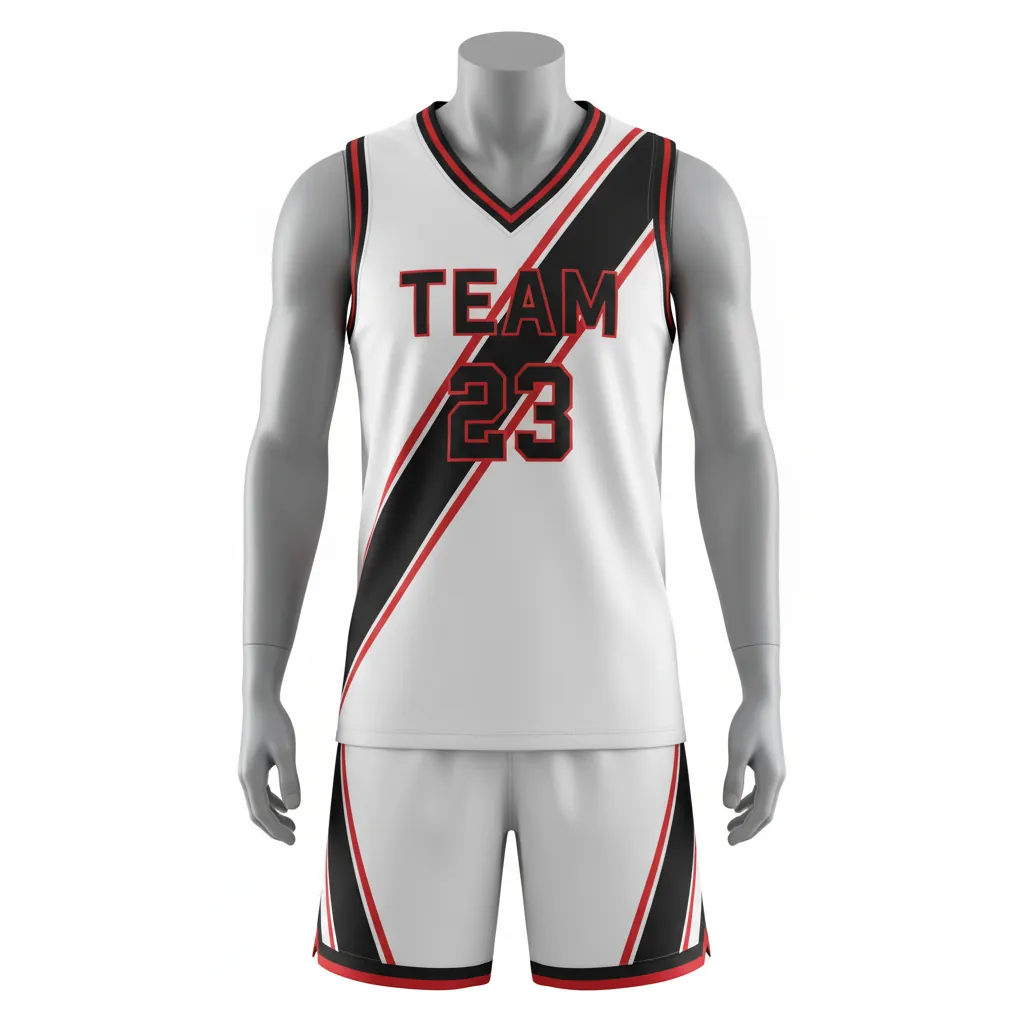 Custom Basketball V Neck Basketball Uniform - White, Black, Red - Vneck Diagonal Slash - Front View - Kinexa Sportswear