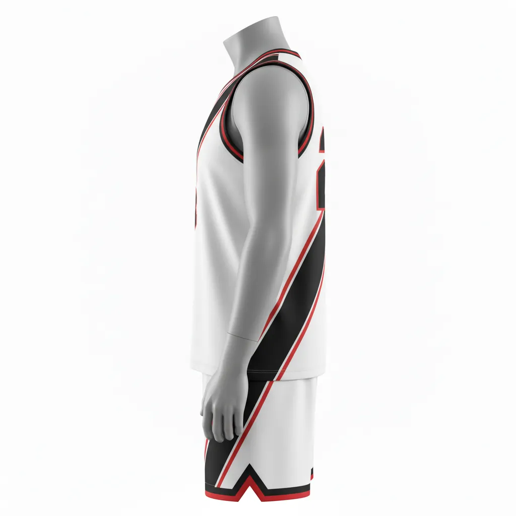 Custom Basketball V Neck Basketball Uniform - White, Black, Red - Vneck Diagonal Slash - Side View - Kinexa Sportswear