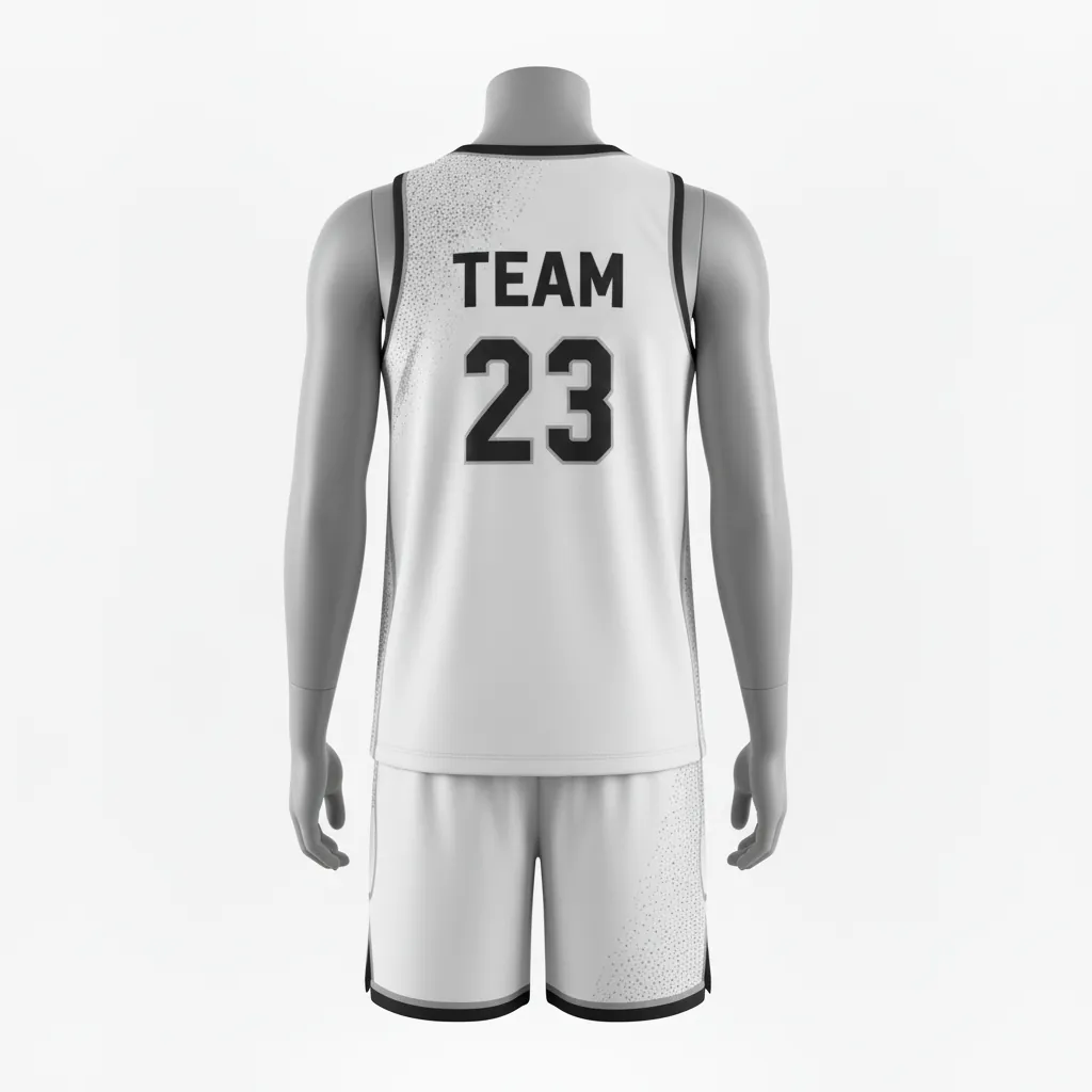 Custom Basketball V Neck Basketball Uniform - White, Black, White - Vneck Texture Pattern - Back View - Kinexa Sportswear