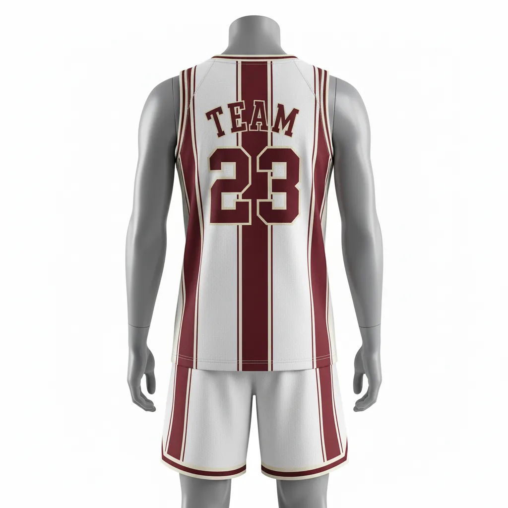 Custom Basketball V Neck Basketball Uniform - White, Burgundy, Cream - Vneck Vertical Stripes - Back View - Kinexa Sportswear