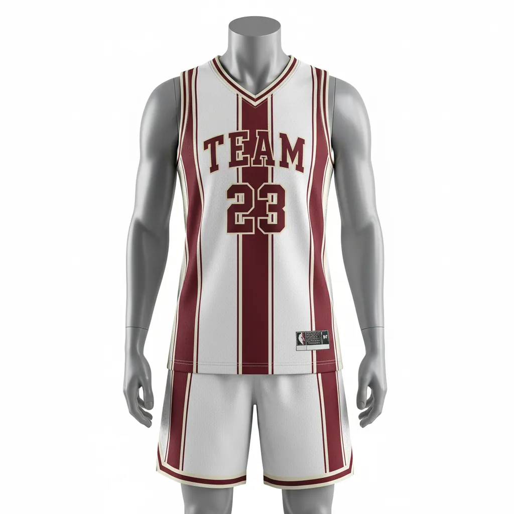 Custom Basketball V Neck Basketball Uniform - White, Burgundy, Cream - Vneck Vertical Stripes - Front View - Kinexa Sportswear