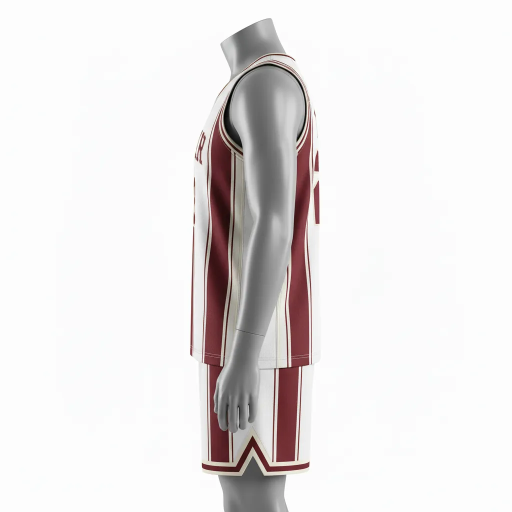 Custom Basketball V Neck Basketball Uniform - White, Burgundy, Cream - Vneck Vertical Stripes - Side View - Kinexa Sportswear