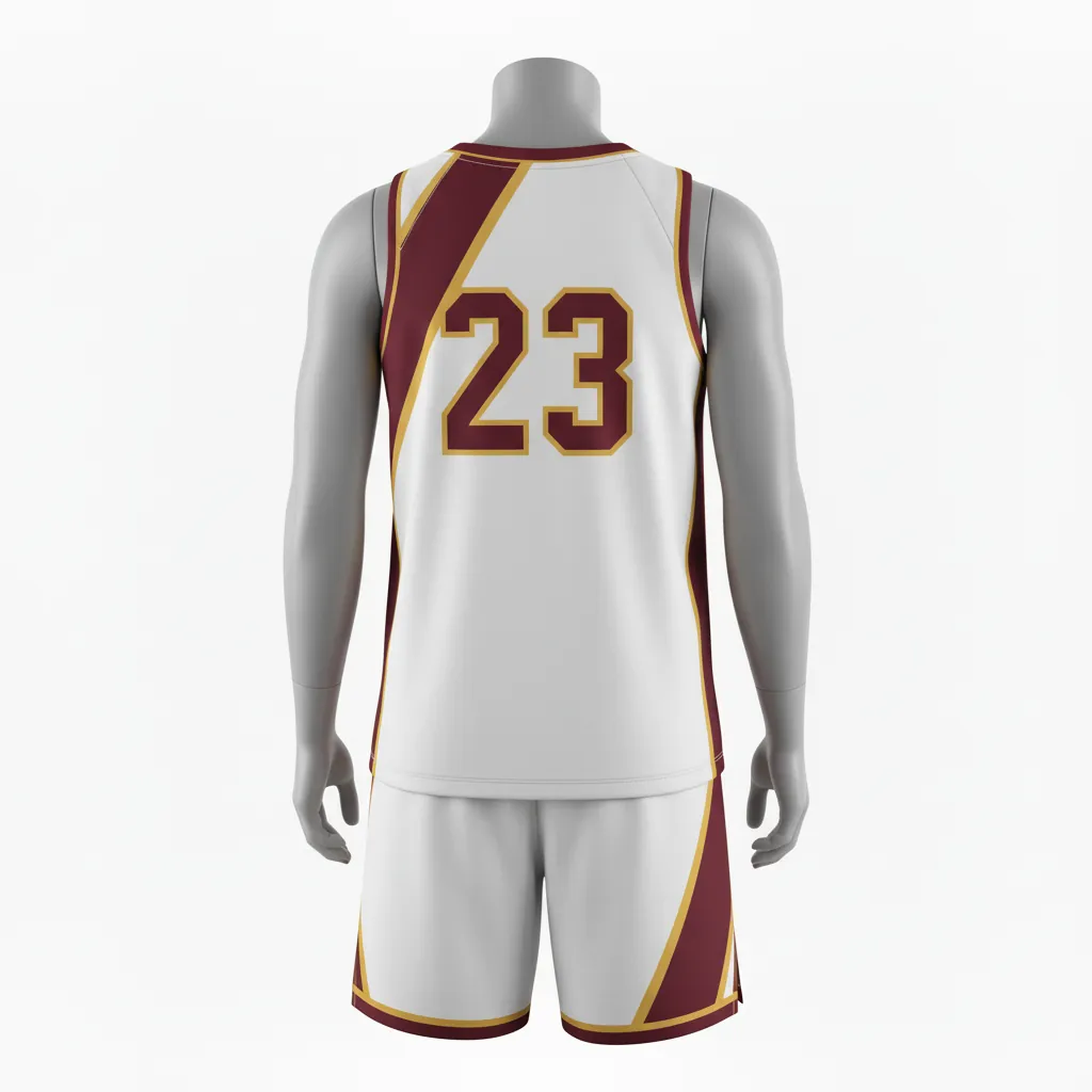 Custom Basketball V Neck Basketball Uniform - White, Burgundy, Gold - Vneck Diagonal Slash - Back View - Kinexa Sportswear