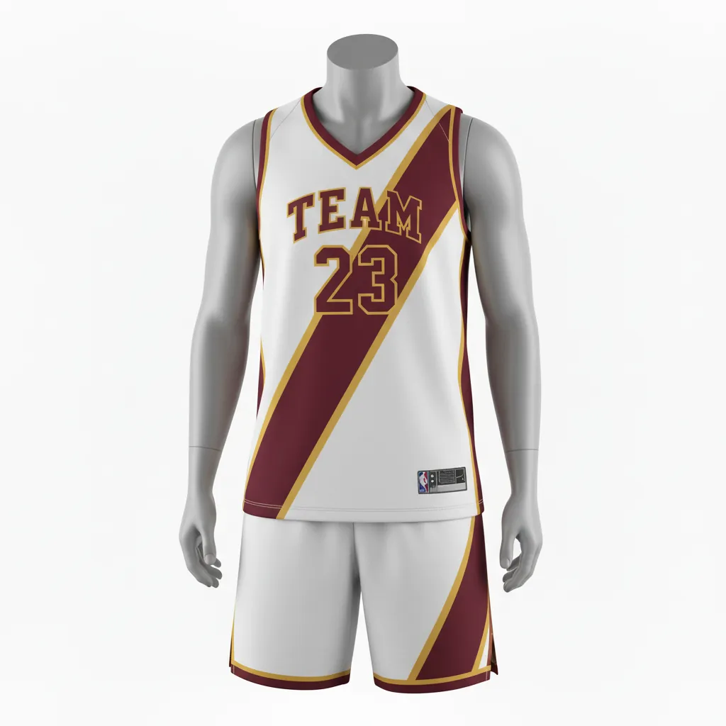 Custom Basketball V Neck Basketball Uniform - White, Burgundy, Gold - Vneck Diagonal Slash - Front View - Kinexa Sportswear