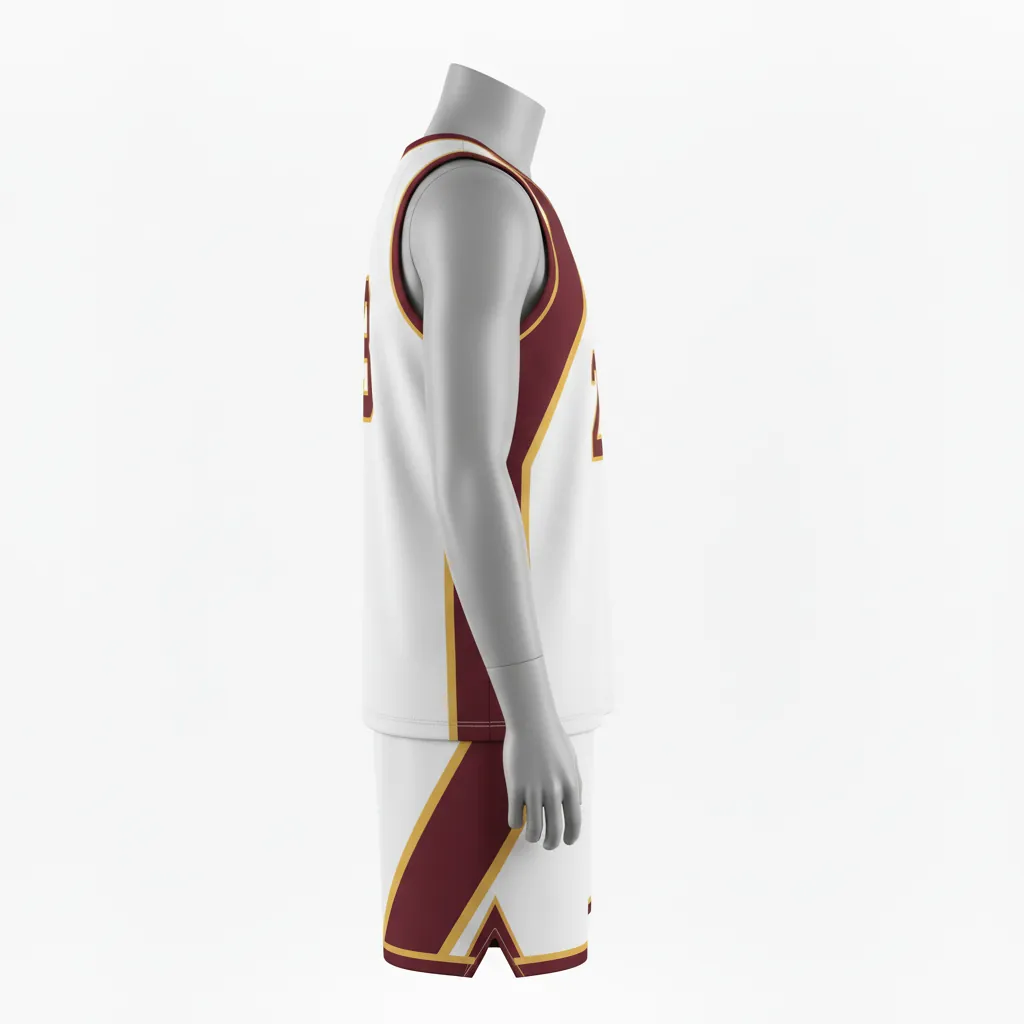 Custom Basketball V Neck Basketball Uniform - White, Burgundy, Gold - Vneck Diagonal Slash - Side View - Kinexa Sportswear