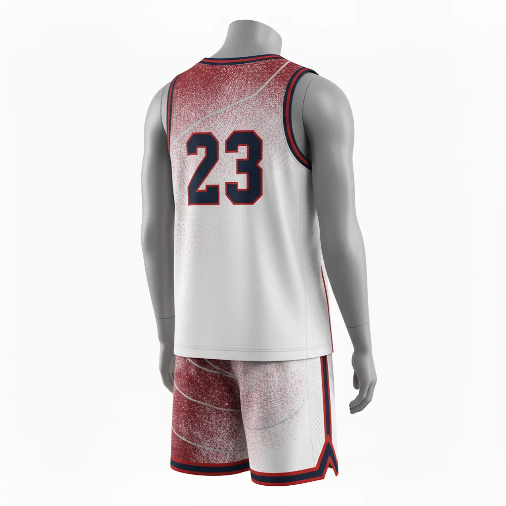 Custom Basketball V Neck Basketball Uniform - White, Burgundy, Silver - Vneck Texture Pattern - Back View - Kinexa Sportswear