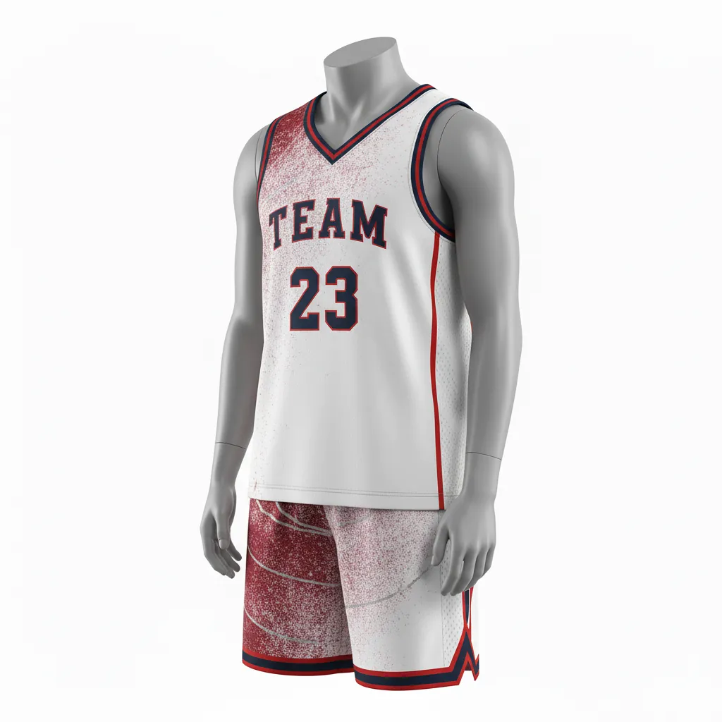 Custom Basketball V Neck Basketball Uniform - White, Burgundy, Silver - Vneck Texture Pattern - Front View - Kinexa Sportswear