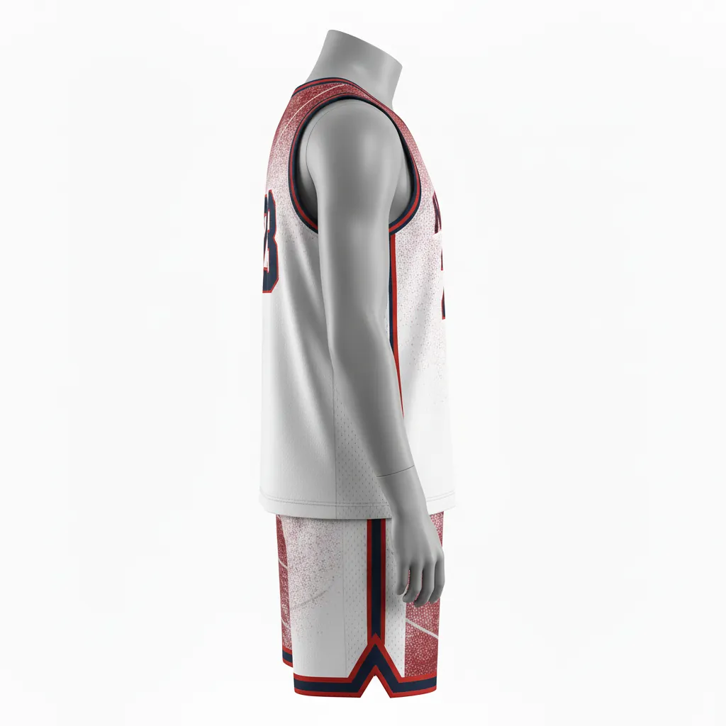 Custom Basketball V Neck Basketball Uniform - White, Burgundy, Silver - Vneck Texture Pattern - Side View - Kinexa Sportswear