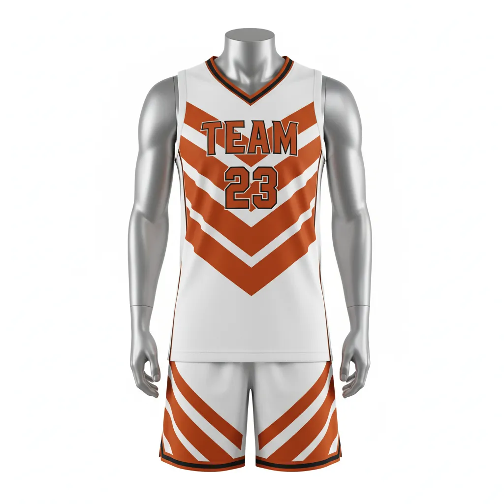 Custom Basketball V Neck Basketball Uniform - White, Burnt, Orange... - Vneck Chevron Pattern - Front View - Kinexa Sportswear