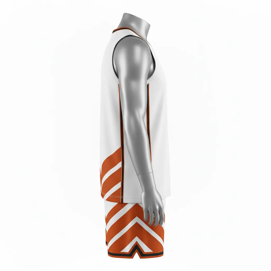 Custom Basketball V Neck Basketball Uniform - White, Burnt, Orange... - Vneck Chevron Pattern - Side View - Kinexa Sportswear