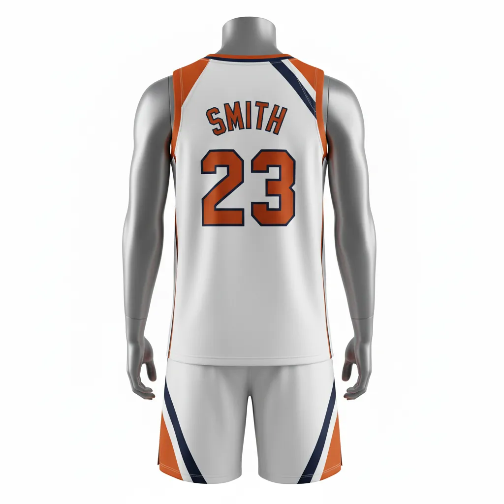 Custom Basketball V Neck Basketball Uniform - White, Burnt, Orange... - Vneck Asymmetric Angular - Back View - Kinexa Sportswear