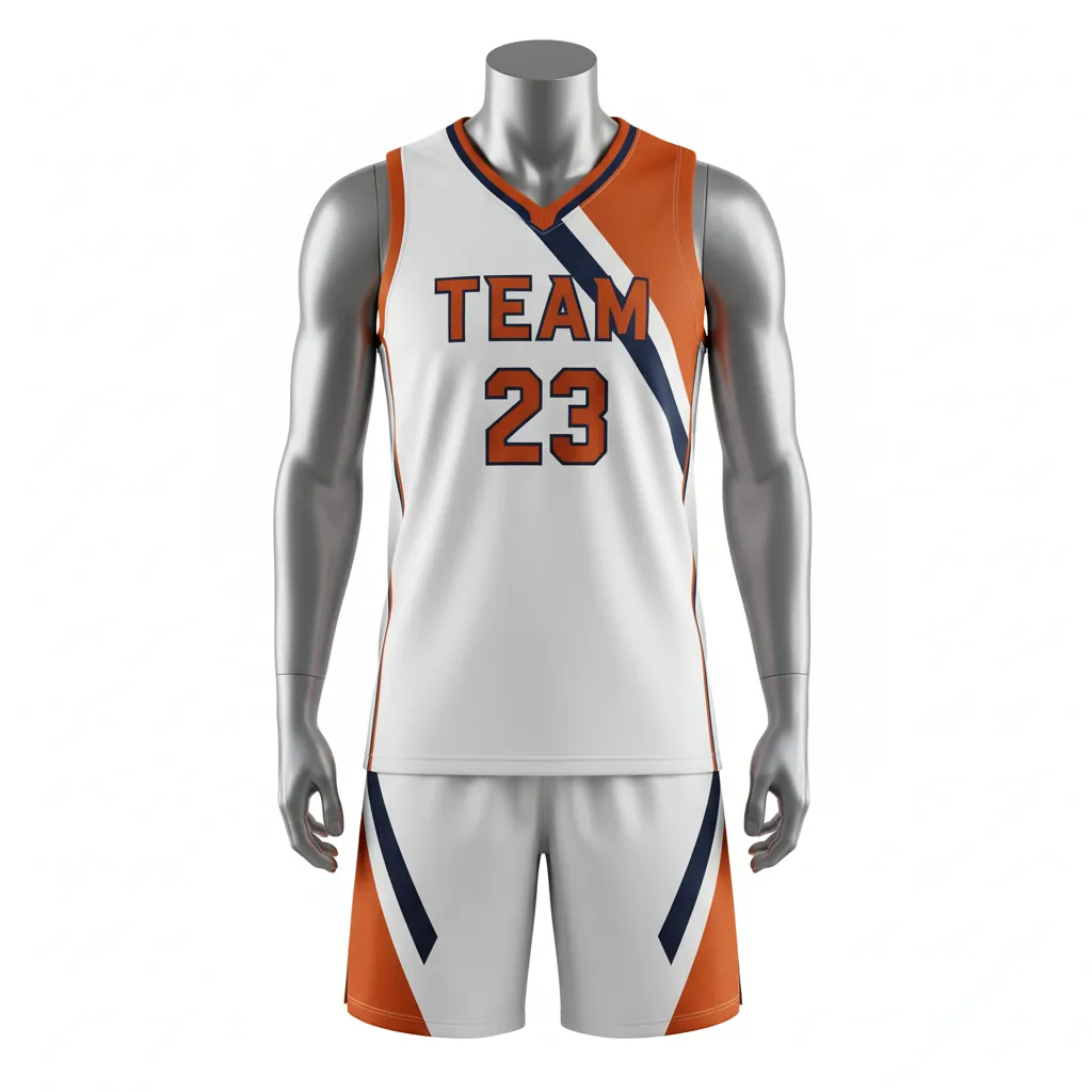 Custom Basketball V Neck Basketball Uniform - White, Burnt, Orange... - Vneck Asymmetric Angular - Front View - Kinexa Sportswear
