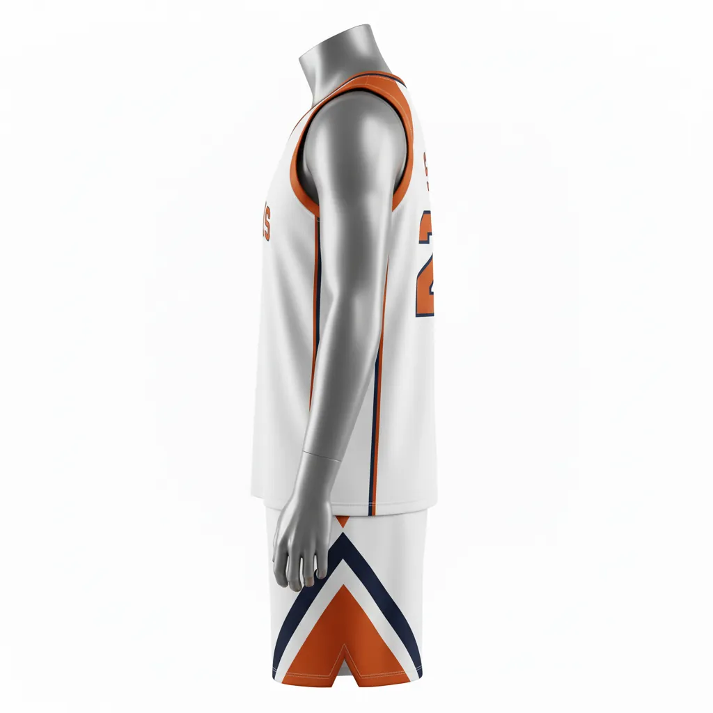 Custom Basketball V Neck Basketball Uniform - White, Burnt, Orange... - Vneck Asymmetric Angular - Side View - Kinexa Sportswear