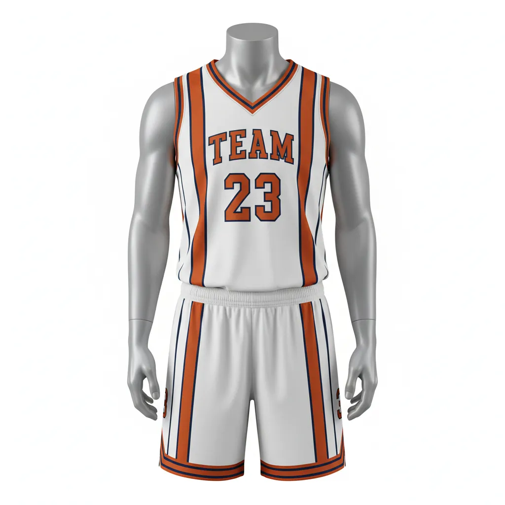 Custom Basketball V Neck Basketball Uniform - White, Burnt, Orange... - Vneck Vertical Stripes - Front View - Kinexa Sportswear