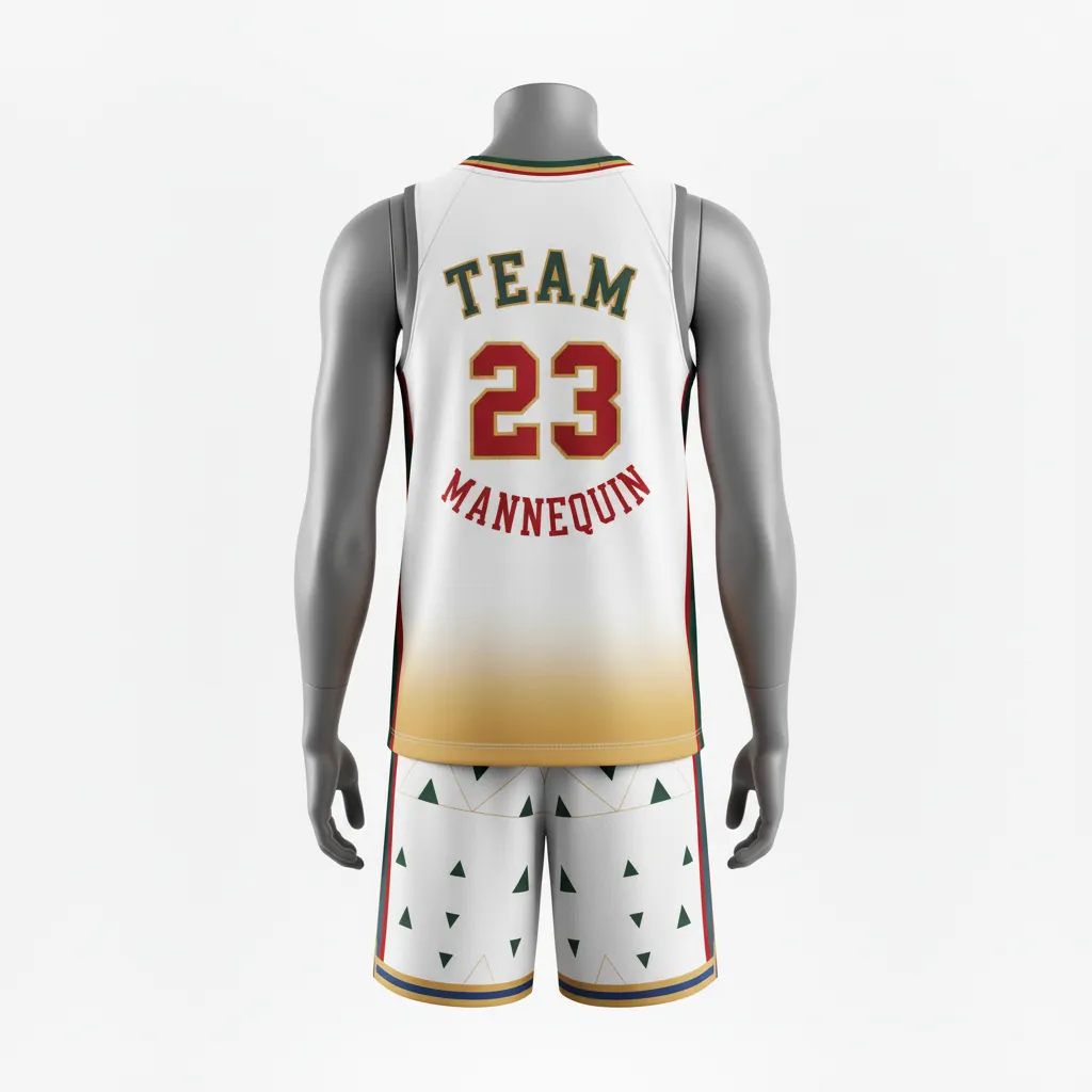 Custom Basketball V Neck Basketball Uniform - White, Red, Gold - Vneck Cardinal Side Panel Block - Back View - Kinexa Sportswear