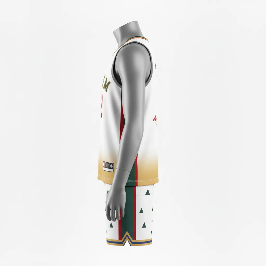 Custom Basketball V Neck Basketball Uniform - White, Red, Gold - Vneck Cardinal Side Panel Block - Side View - Kinexa Sportswear