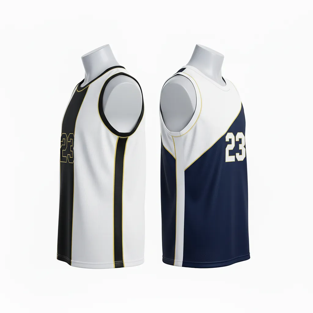 Custom Basketball V Neck Reversible Jersey - White, Black, Gold - Vneck Retro Color Block - Back View - Kinexa Sportswear
