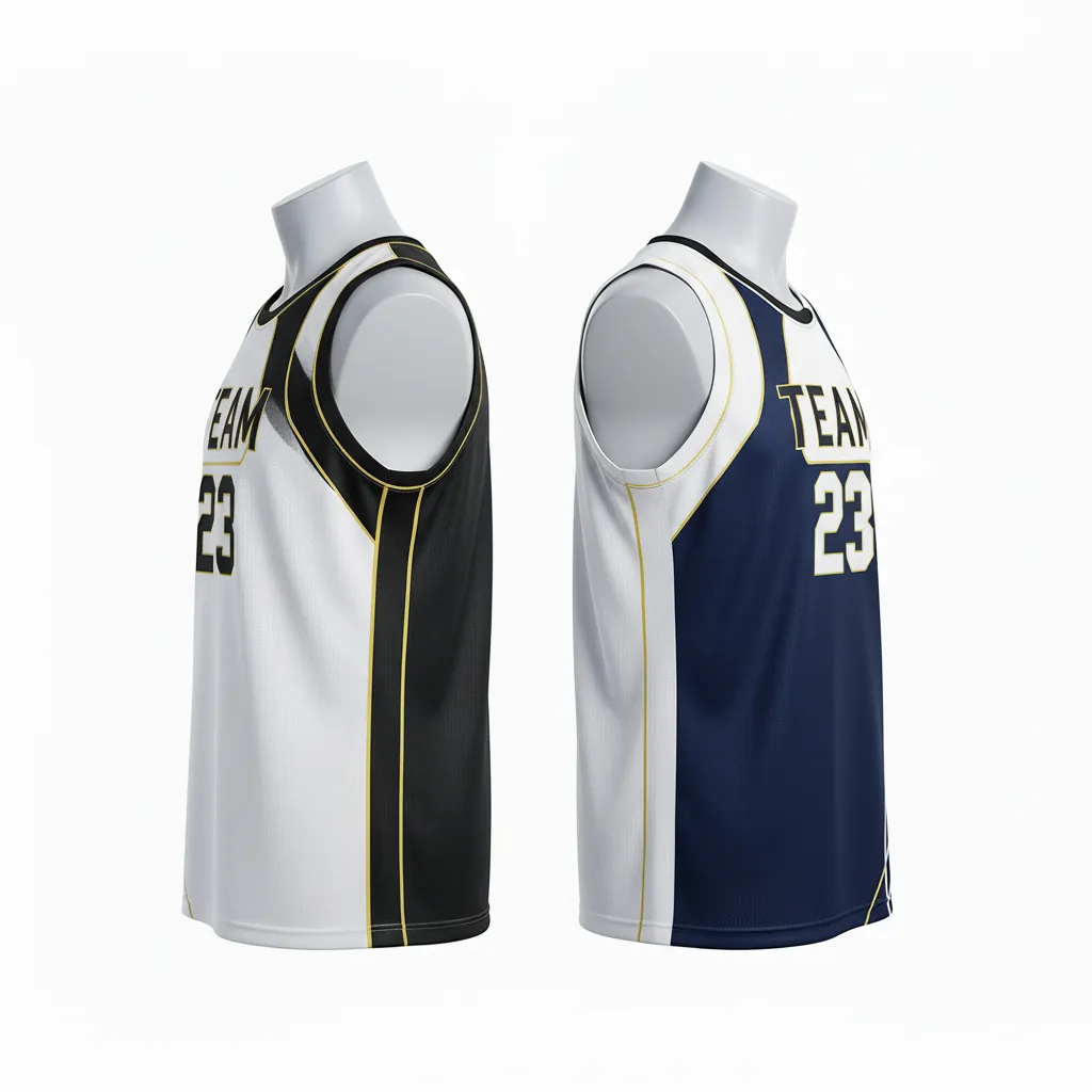 Custom Basketball V Neck Reversible Jersey - White, Black, Gold - Vneck Retro Color Block - Front View - Kinexa Sportswear