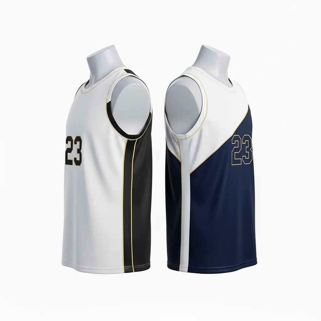Custom Basketball V Neck Reversible Jersey - White, Black, Gold - Vneck Retro Color Block - Side View - Kinexa Sportswear