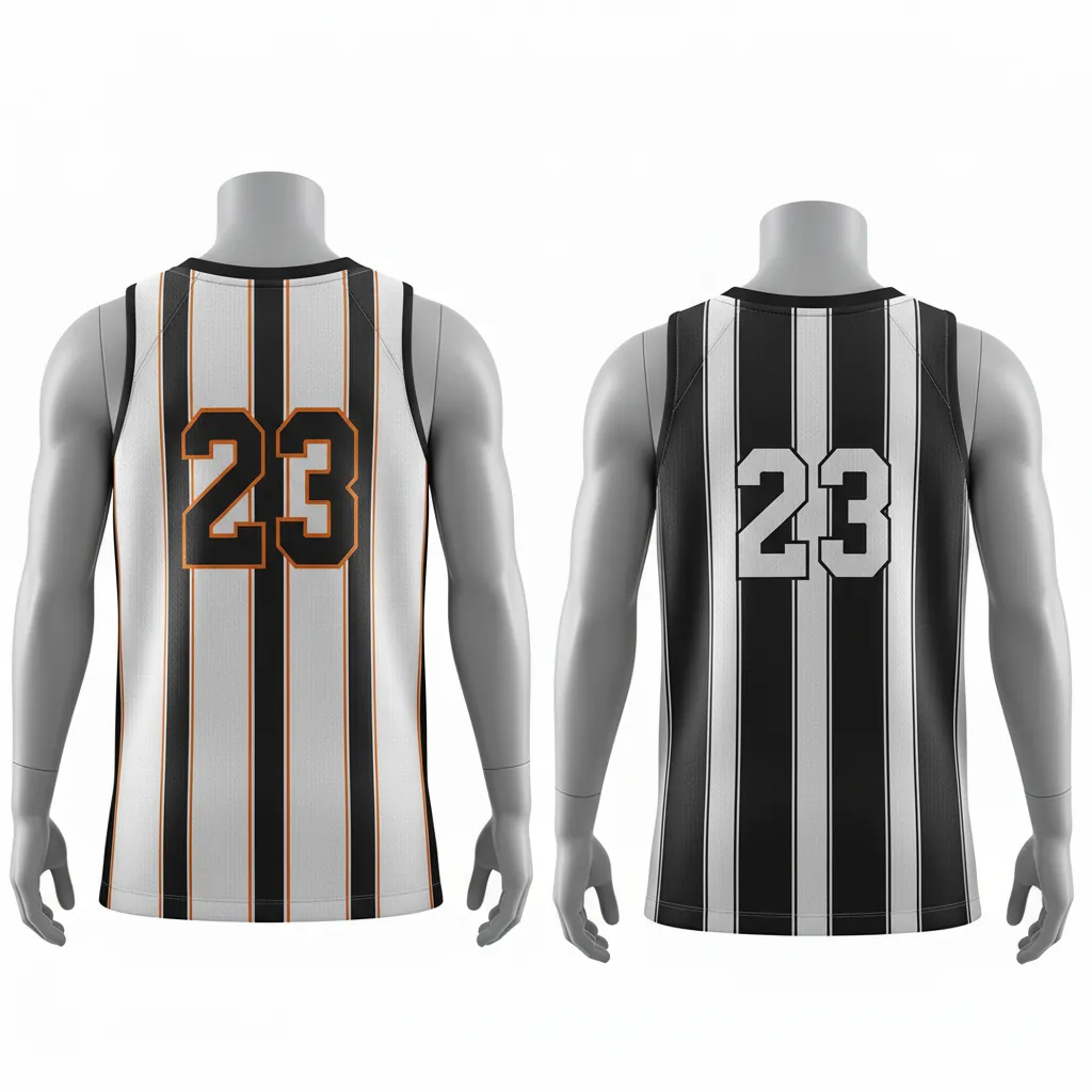 Custom Basketball V Neck Reversible Jersey - White, Black, Orange - Vneck Vertical Stripes - Back View - Kinexa Sportswear