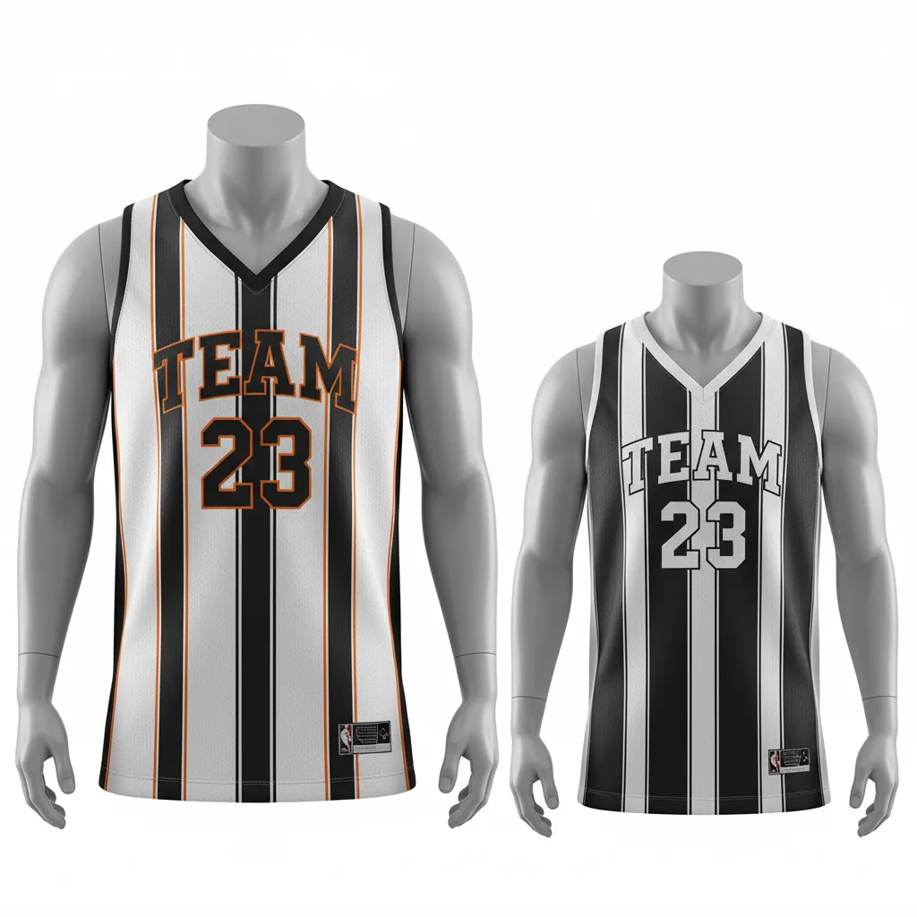 Custom Basketball V Neck Reversible Jersey - White, Black, Orange - Vneck Vertical Stripes - Front View - Kinexa Sportswear