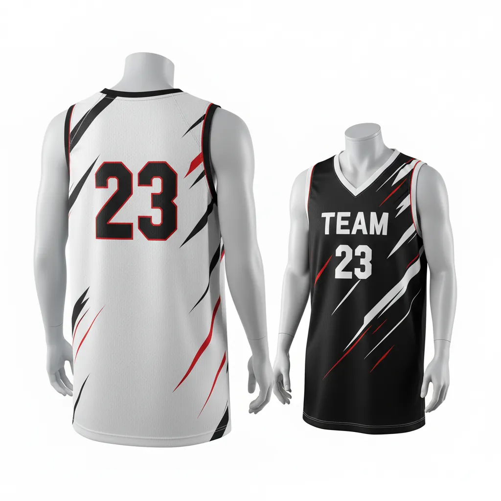 Custom Basketball V Neck Reversible Jersey - White, Black, Red - Vneck Diagonal Slash - Back View - Kinexa Sportswear