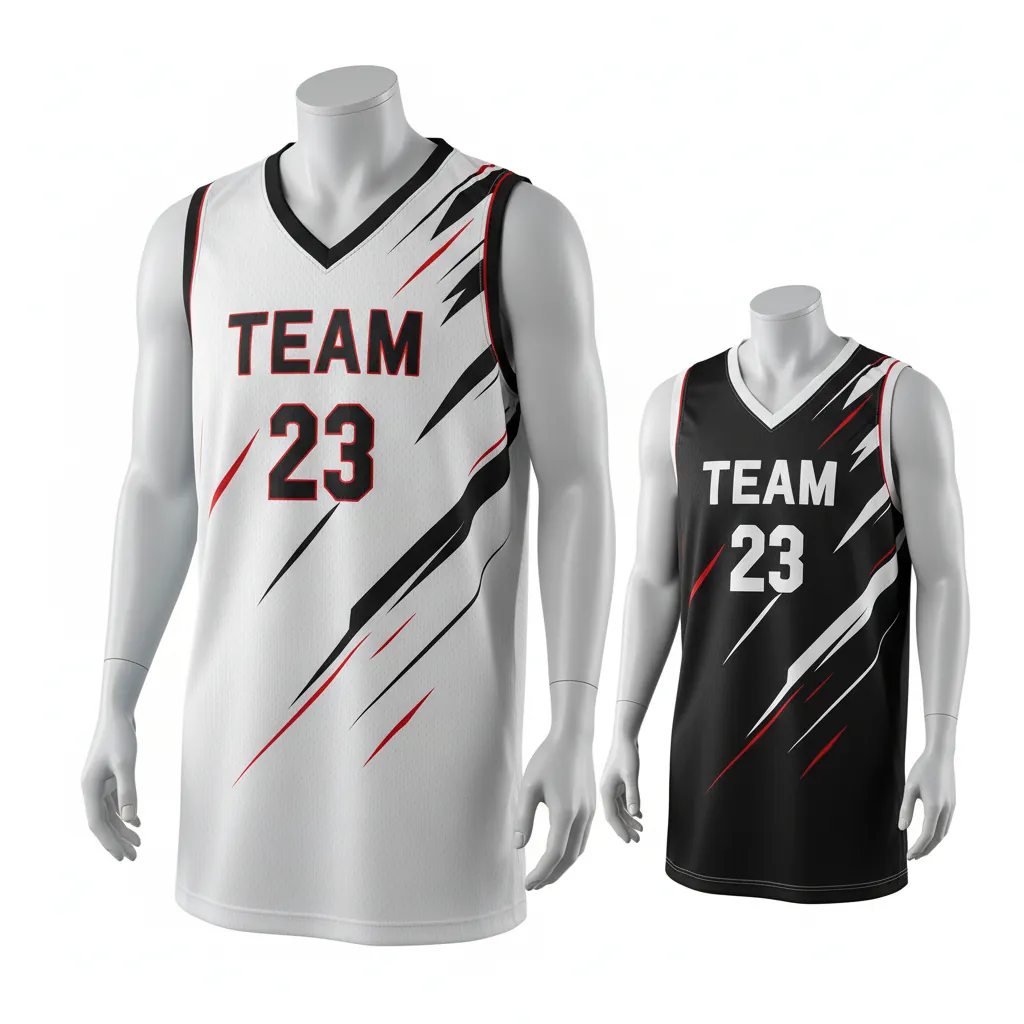 Custom Basketball V Neck Reversible Jersey - White, Black, Red - Vneck Diagonal Slash - Front View - Kinexa Sportswear