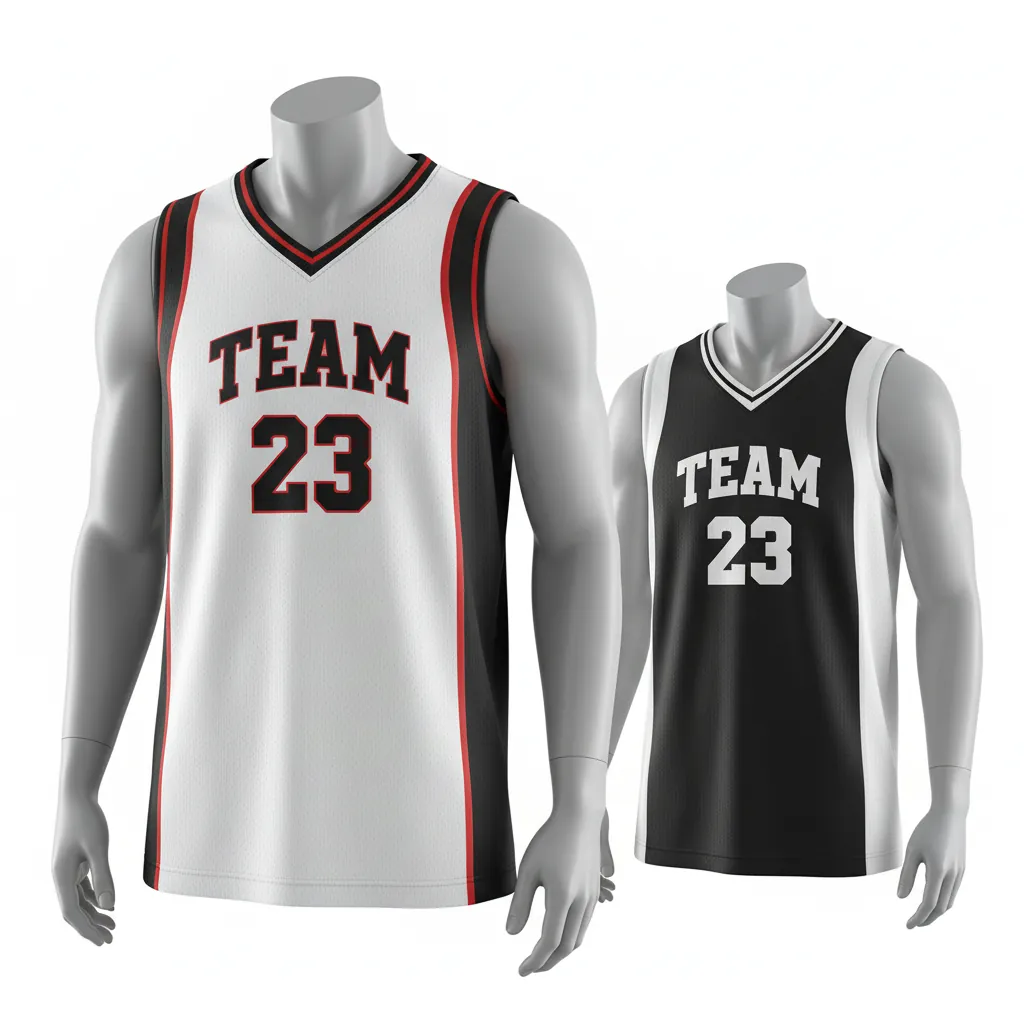 Custom Basketball V Neck Reversible Jersey - White, Black, Red - Vneck Retro Color Block - Front View - Kinexa Sportswear