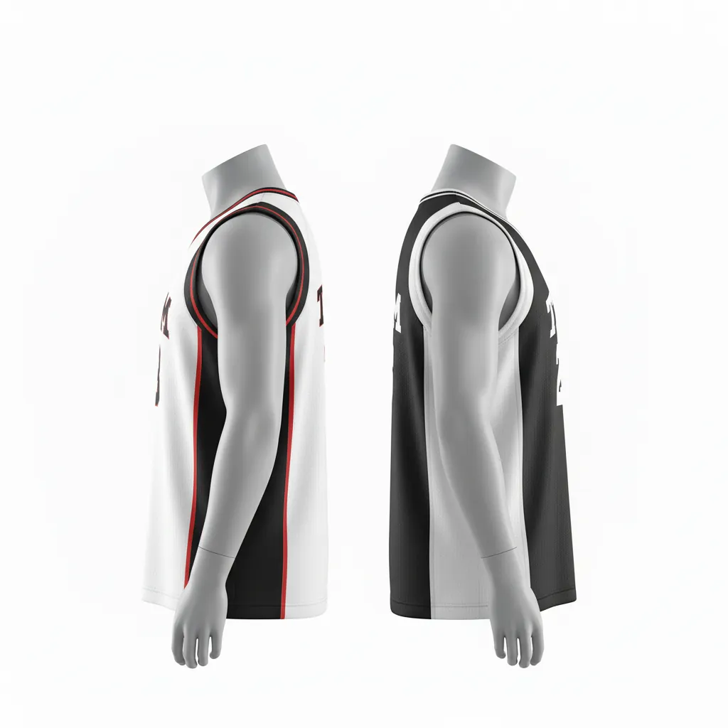 Custom Basketball V Neck Reversible Jersey - White, Black, Red - Vneck Retro Color Block - Side View - Kinexa Sportswear