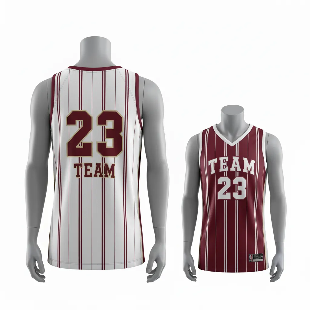 Custom Basketball V Neck Reversible Jersey - White, Burgundy, Cream - Vneck Vertical Stripes - Back View - Kinexa Sportswear