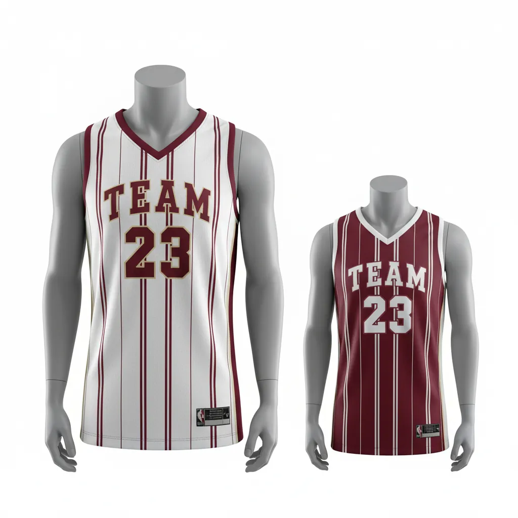 Custom Basketball V Neck Reversible Jersey - White, Burgundy, Cream - Vneck Vertical Stripes - Front View - Kinexa Sportswear
