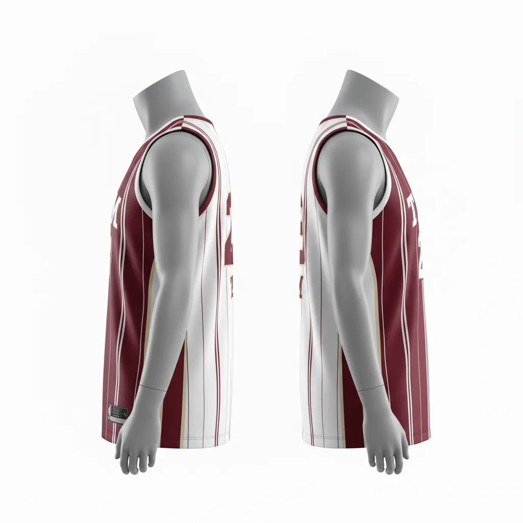 Custom Basketball V Neck Reversible Jersey - White, Burgundy, Cream - Vneck Vertical Stripes - Side View - Kinexa Sportswear