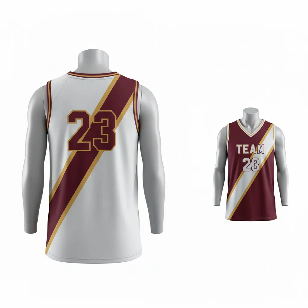 Custom Basketball V Neck Reversible Jersey - White, Burgundy, Gold - Vneck Diagonal Slash - Back View - Kinexa Sportswear
