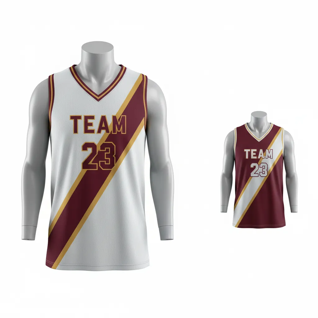 Custom Basketball V Neck Reversible Jersey - White, Burgundy, Gold - Vneck Diagonal Slash - Front View - Kinexa Sportswear