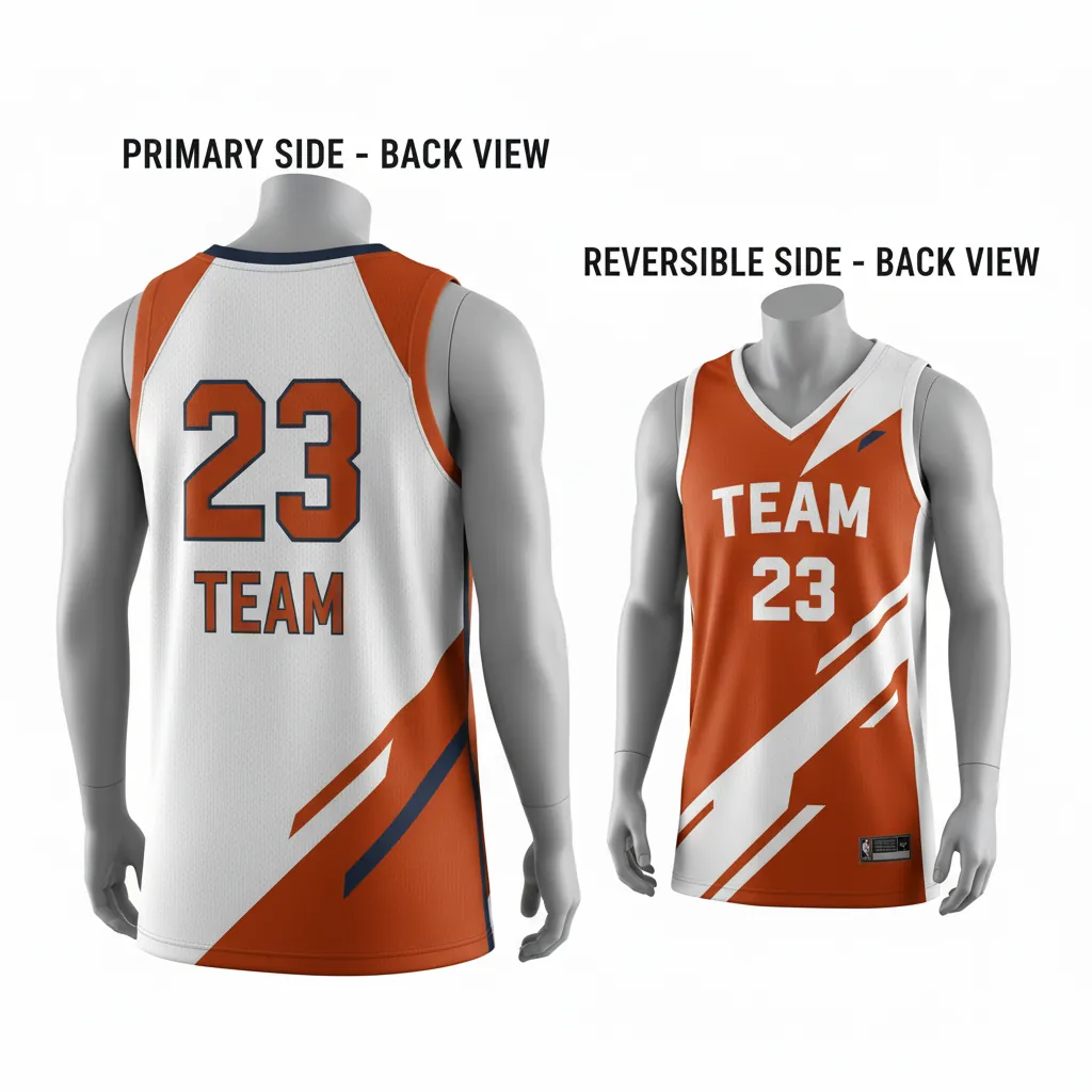Custom Basketball V Neck Reversible Jersey - White, Burnt, Orange... - Vneck Asymmetric Angular - Back View - Kinexa Sportswear