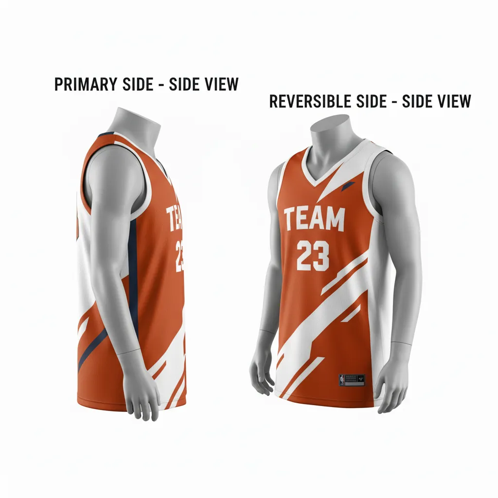 Custom Basketball V Neck Reversible Jersey - White, Burnt, Orange... - Vneck Asymmetric Angular - Side View - Kinexa Sportswear