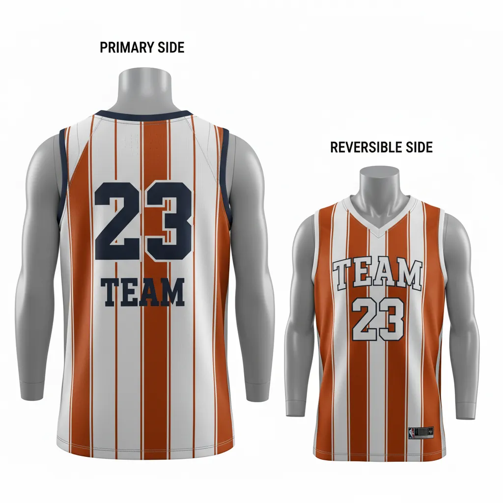 Custom Basketball V Neck Reversible Jersey - White, Burnt, Orange... - Vneck Vertical Stripes - Back View - Kinexa Sportswear